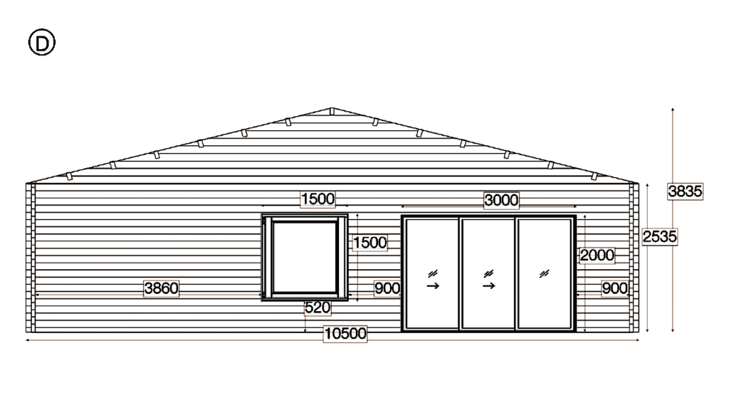 Elevation D of Apex Timber Lodge 10.5x5.0, dimensioned drawing