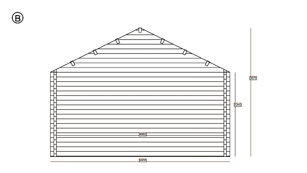 Elevation B of Apex Timber Lodge 5.0x6.0, dimensioned drawing