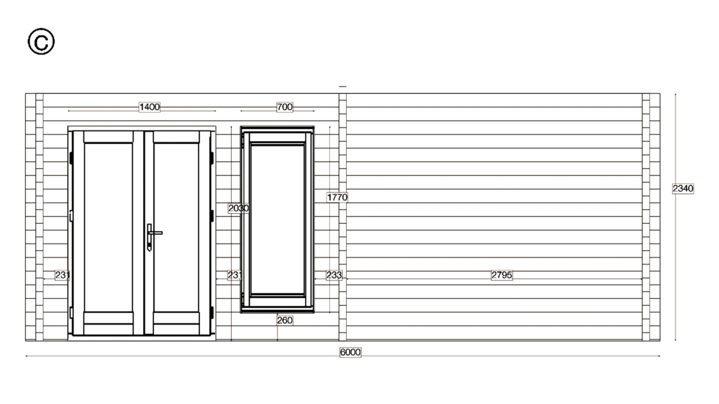 Elevation C of Apex Timber Lodge 5.0x6.0, dimensioned drawing