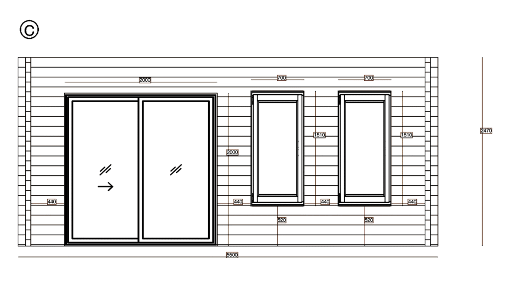 Elevation C of Garden Office 3.0x5.5, dimensioned drawing