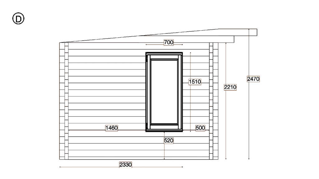 Elevation D of Garden Office 3.0x5.5, dimensioned drawing