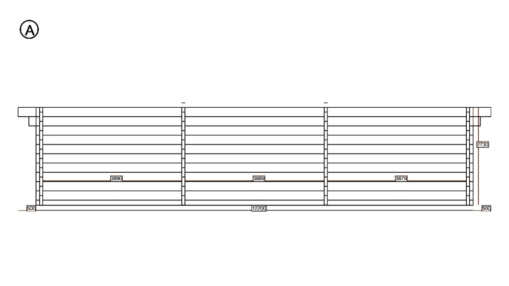 Elevation A of Glulam Apex Timber Residence 8.2x12.2, dimensioned drawing