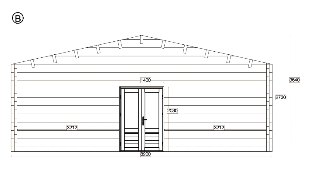 Elevation B of Glulam Apex Timber Residence 8.2x12.2, dimensioned drawing