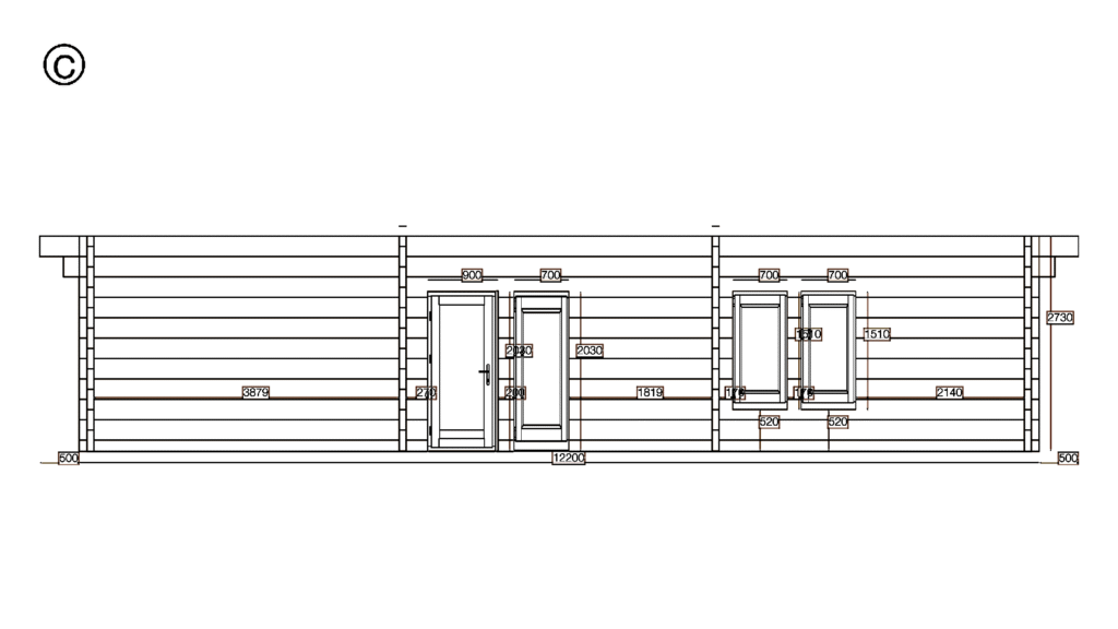 Elevation C of Glulam Apex Timber Residence 8.2x12.2, dimensioned drawing