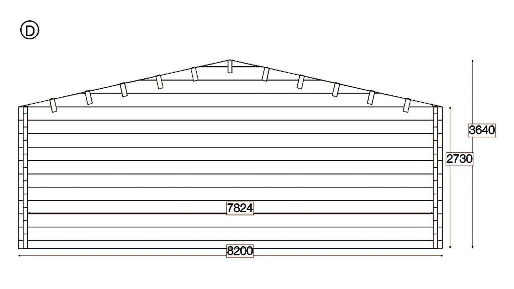 Elevation D of Glulam Apex Timber Residence 8.2x12.2, dimensioned drawing