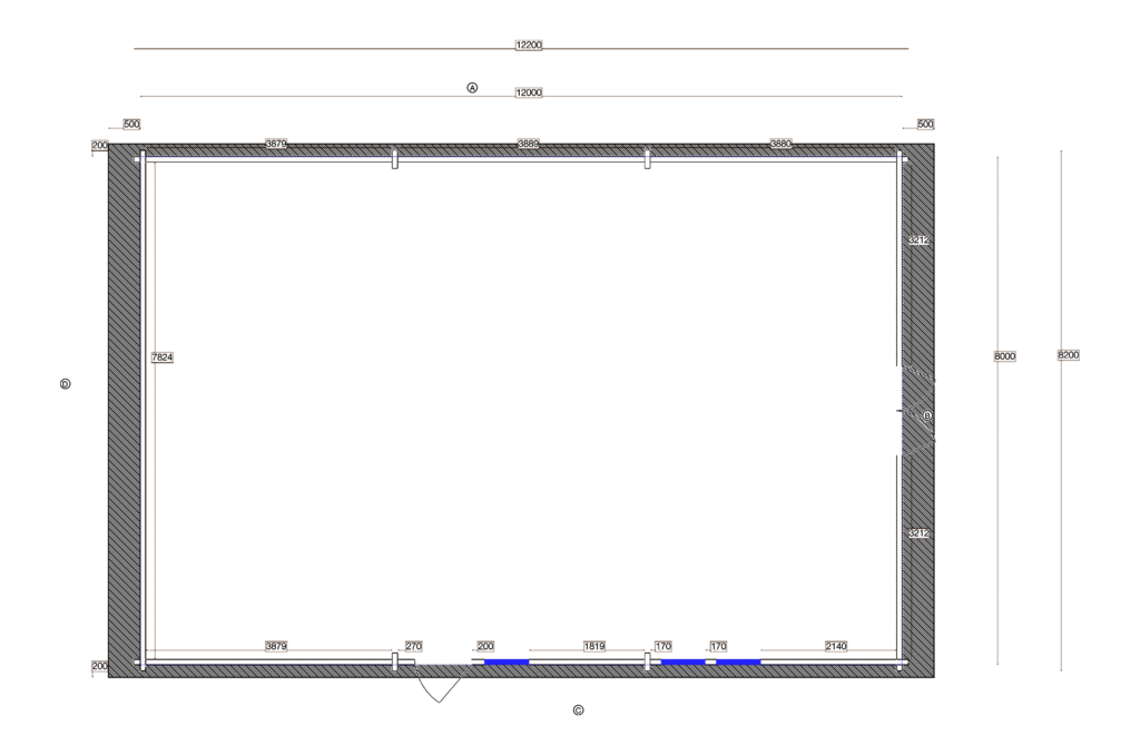 Floor plan of Glulam Apex Timber Residence 8.2x12.2, dimensioned drawing