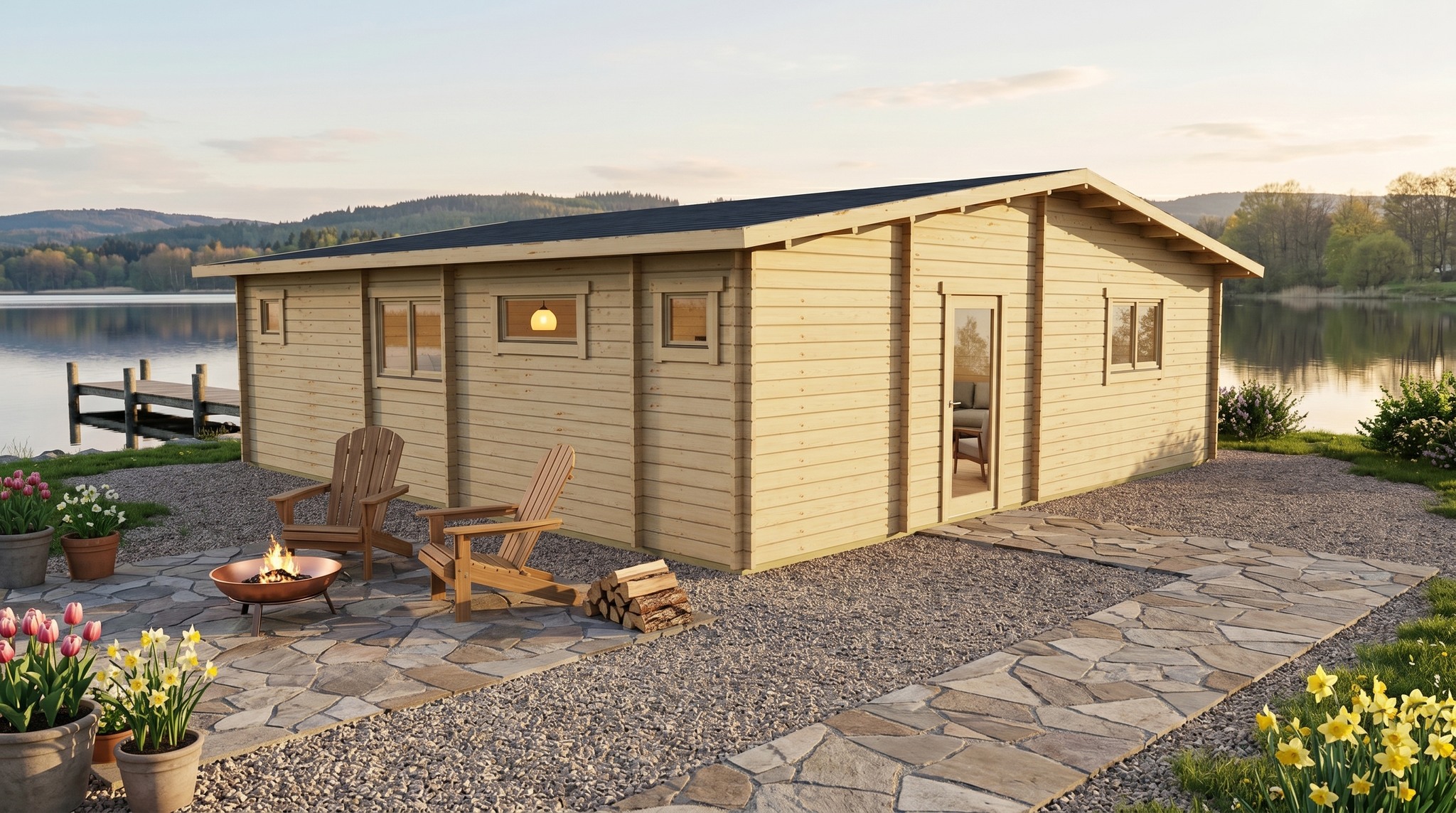 3D render of Apex Garden Office 8.5x8.5 — a bespoke 67m² timber building with 58mm solid log walls and apex (gable) roof, manufactured by Eurodita