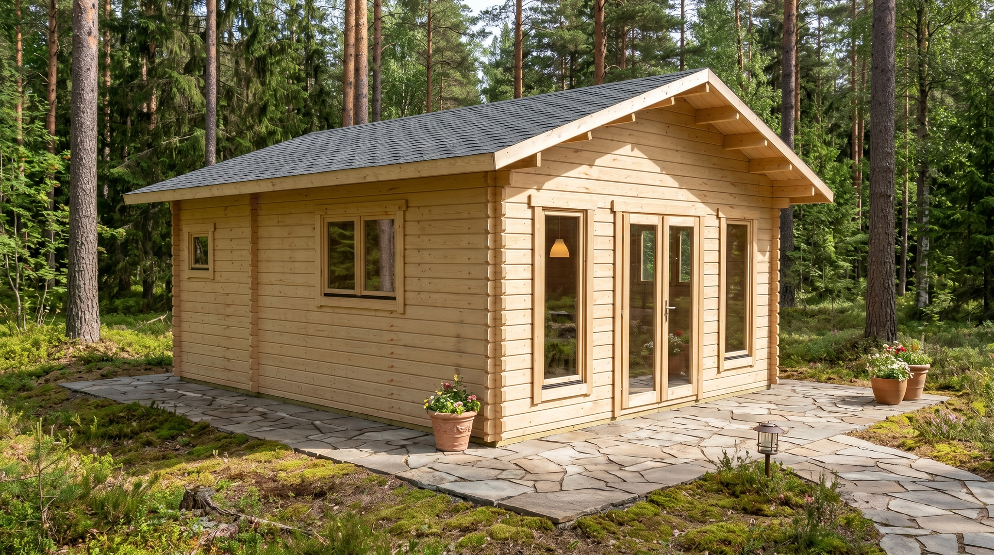 3D render of Apex Holiday Cabin 5.0x5.8 — a bespoke 26m² timber building with 44mm solid log walls and apex (gable) roof, manufactured by Eurodita