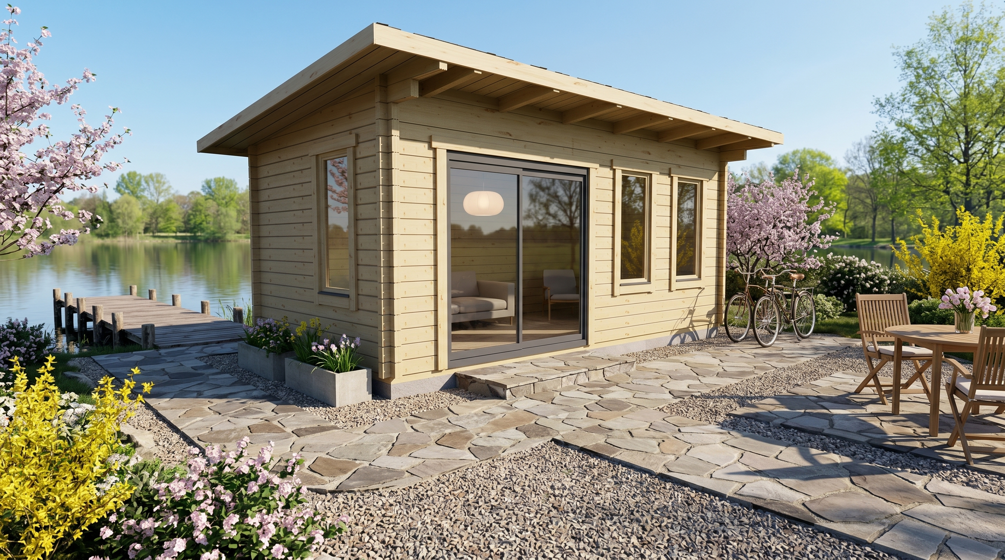 3D render of Glulam Garden Office 3.0x5.5 — a bespoke 13.7m² timber building with 70mm glue-laminated timber walls and pent (mono-pitch) roof, manufactured by Eurodita