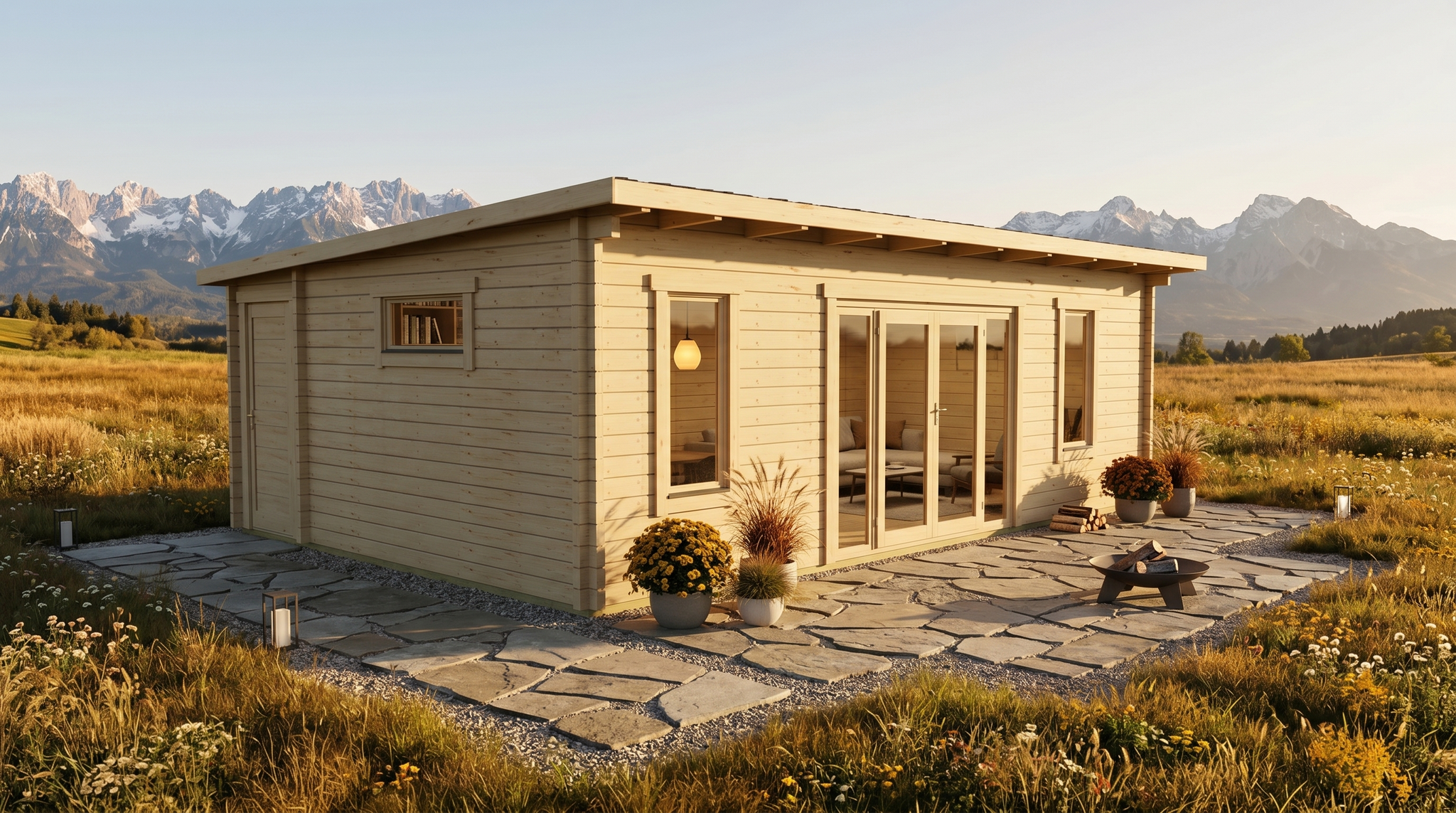 3D render of Pent Holiday Cabin 5.2x8.2 — a bespoke 38.2m² timber building with 70mm solid log walls and pent (mono-pitch) roof, manufactured by Eurodita
