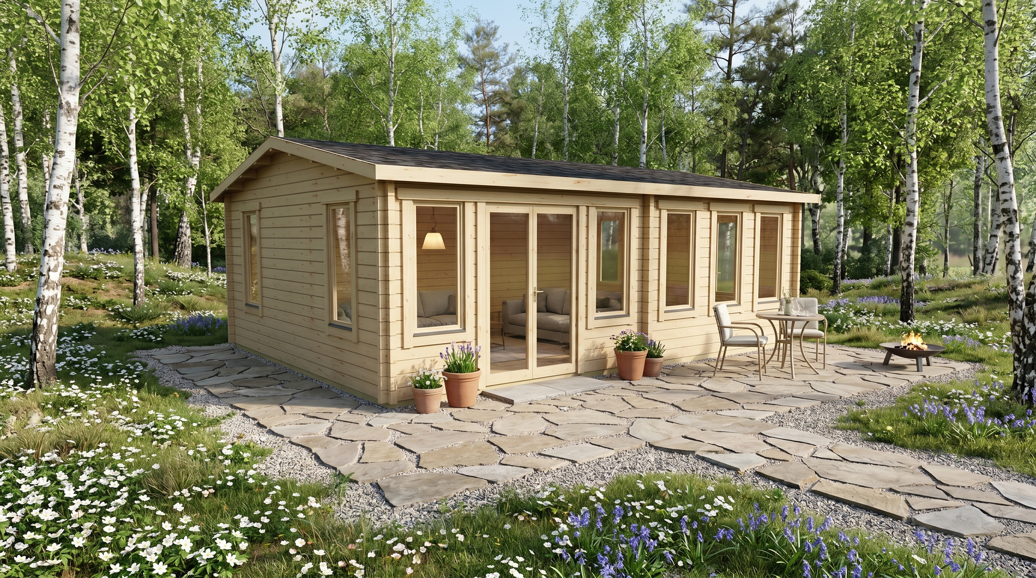 3D render of Apex Holiday Cabin 5.2x7.2 — a bespoke 33.3m² timber building with 70mm solid log walls and apex (gable) roof, manufactured by Eurodita