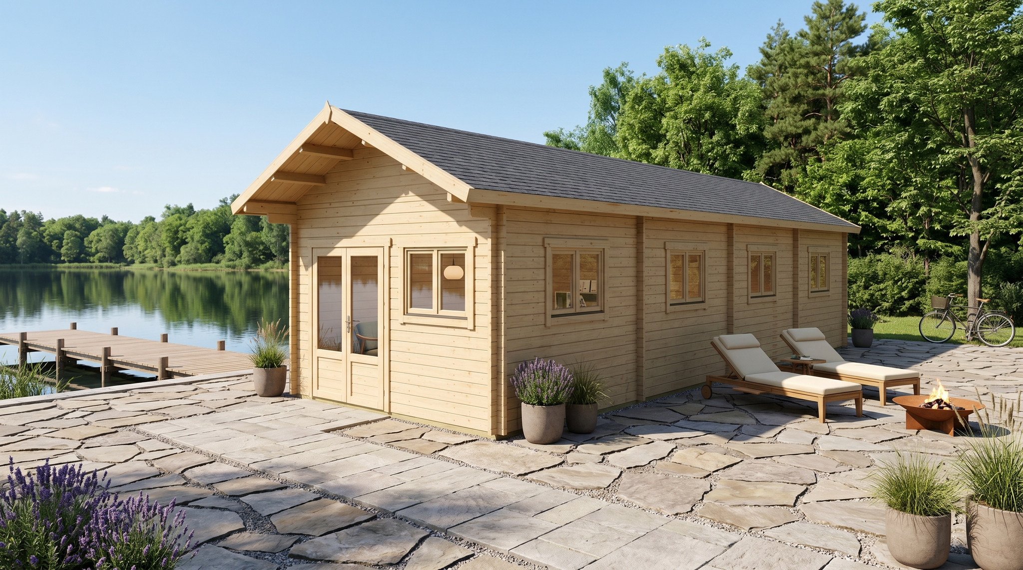 3D render of Apex Holiday Cabin 4.0x13.0 — a bespoke 46.3m² timber building with 70mm solid log walls and apex (gable) roof, manufactured by Eurodita