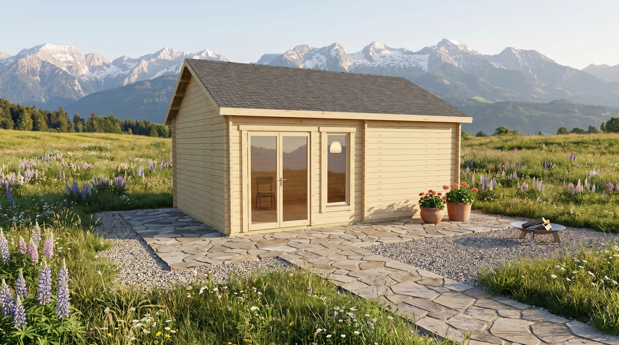 3D render of Apex Timber Lodge 5.0x6.0 — a bespoke 26.4m² timber building with 70mm solid log walls and apex (gable) roof, manufactured by Eurodita