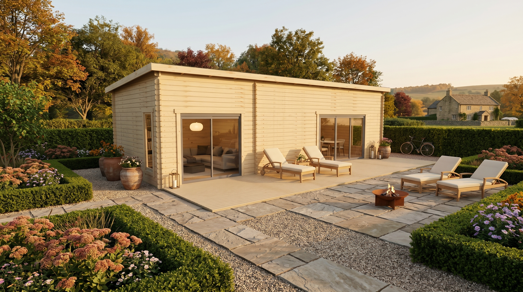 3D render of Pent Holiday Cabin 4.4x10.2 — a bespoke 40.8m² timber building with 44mm solid log walls and pent (mono-pitch) roof, manufactured by Eurodita