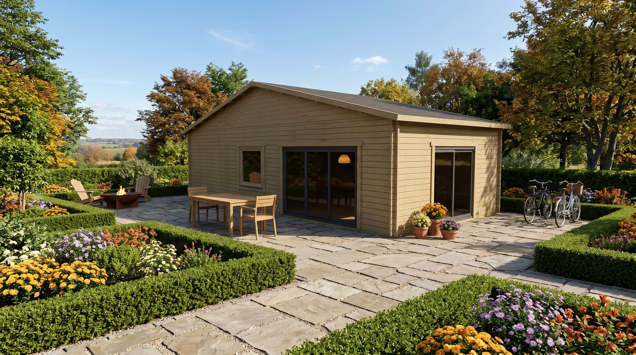 3D render of Apex Timber Lodge 10.5x5.0 — a bespoke 47.3m² timber building with 70mm solid log walls and apex (gable) roof, manufactured by Eurodita