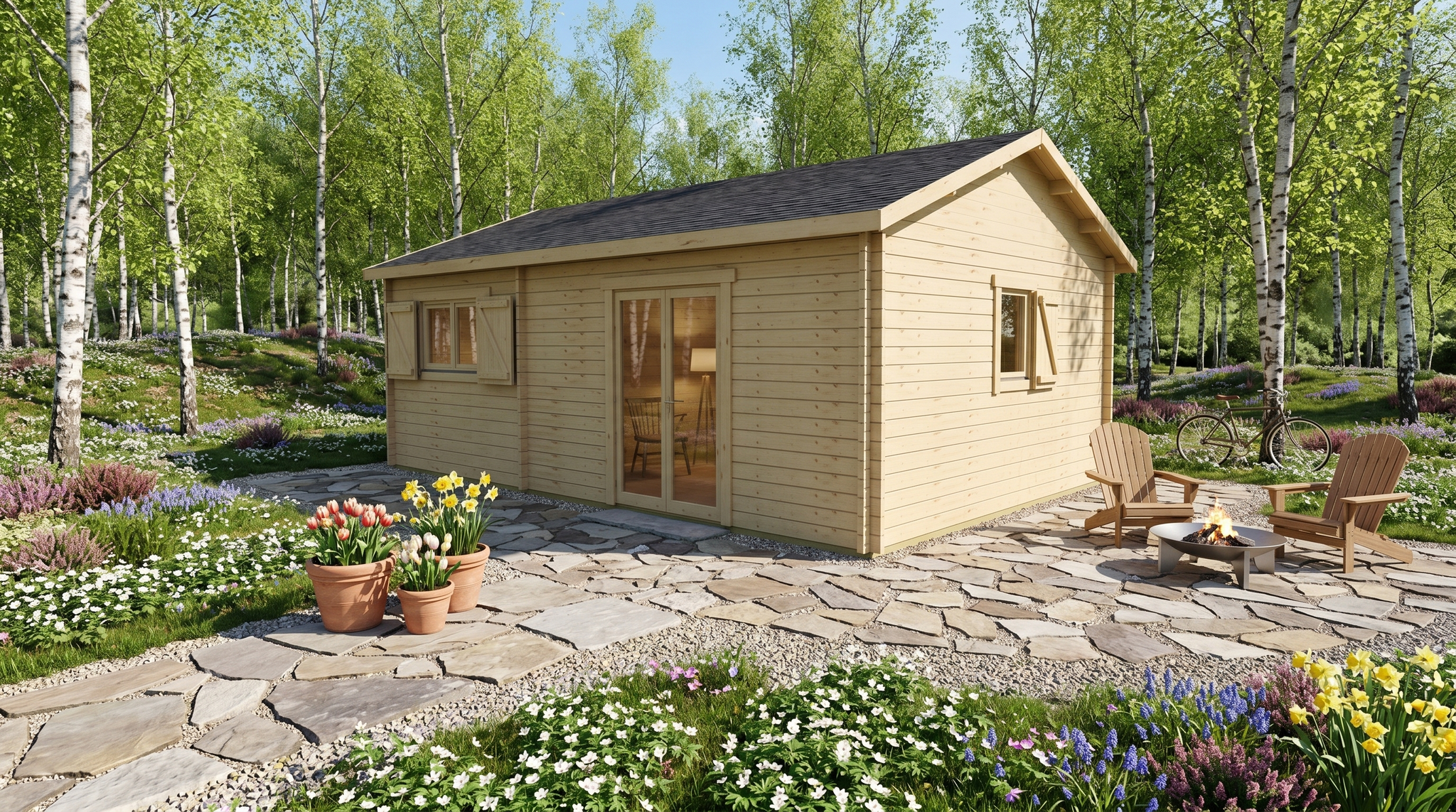 3D render of Apex Holiday Cabin 4.7x6.9 — a bespoke 28.9m² timber building with 58mm solid log walls and apex (gable) roof, manufactured by Eurodita