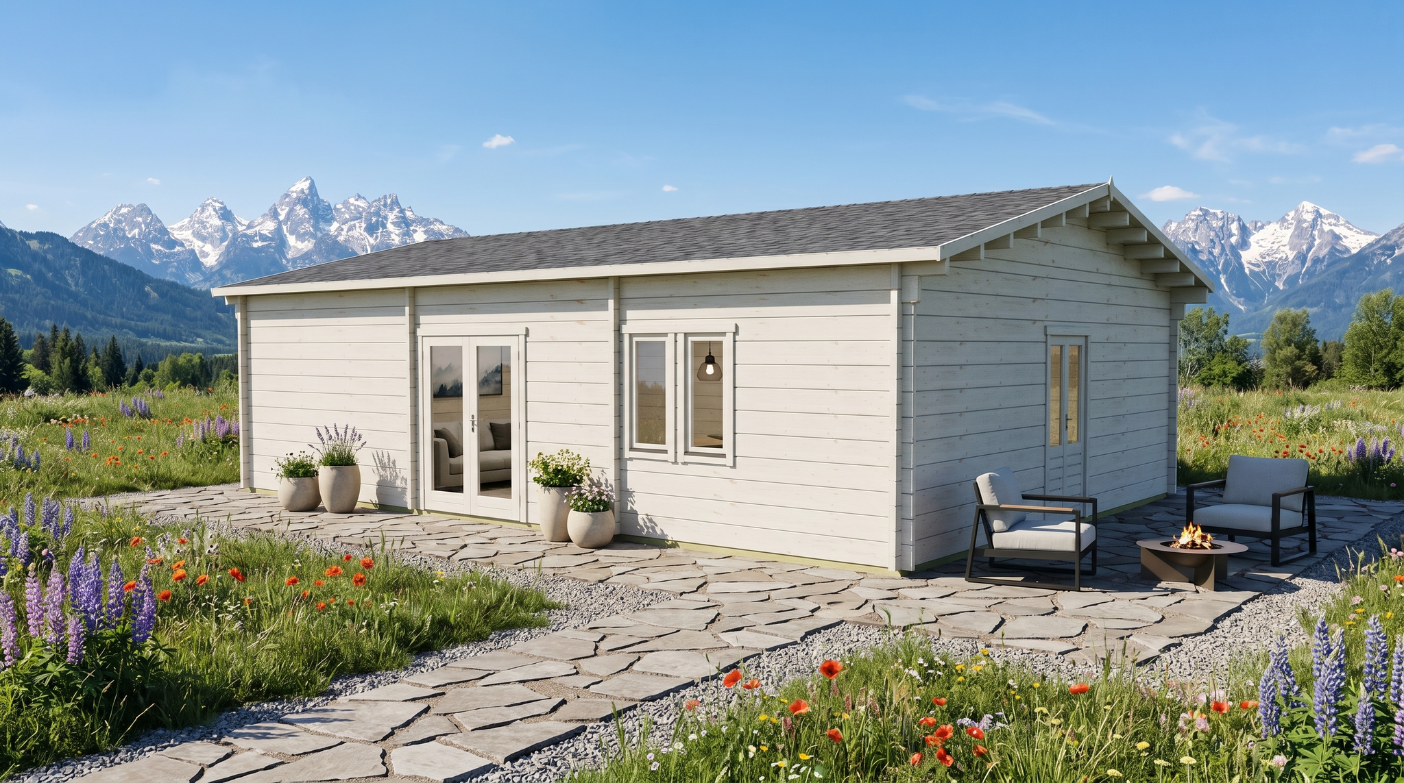 3D render of Glulam Apex Timber Residence 8.2x12.2  -  a bespoke 92.5m2 timber building with 88mm glue-laminated timber walls and apex (gable) roof, manufactured by Eurodita