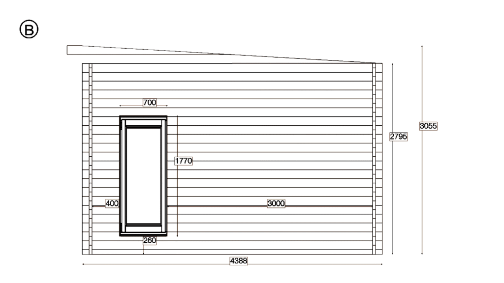 Elevation B of Pent Holiday Cabin 4.4x10.2, dimensioned drawing