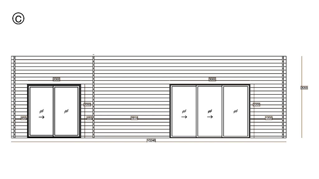 Elevation C of Pent Holiday Cabin 4.4x10.2, dimensioned drawing