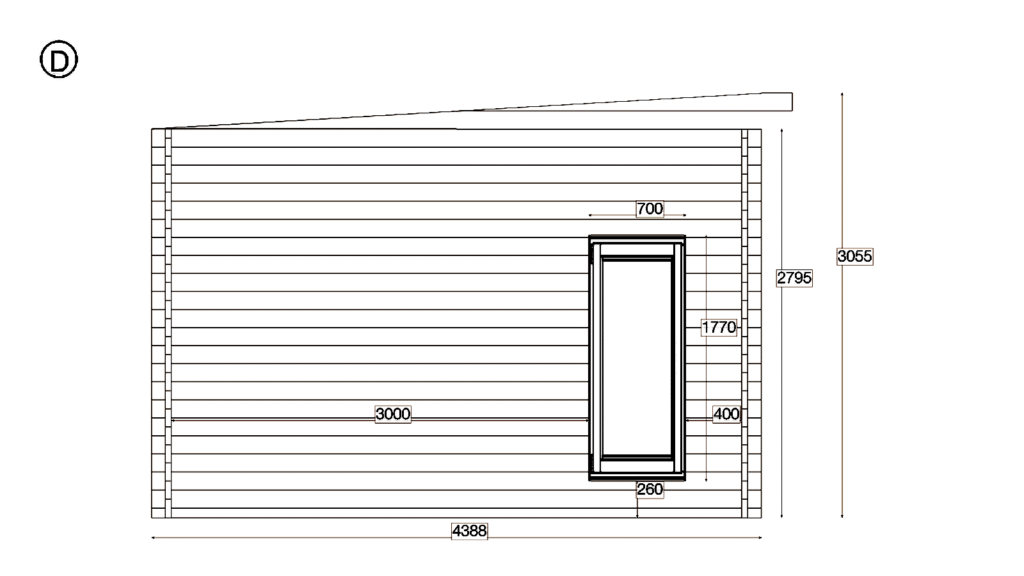 Elevation D of Pent Holiday Cabin 4.4x10.2, dimensioned drawing