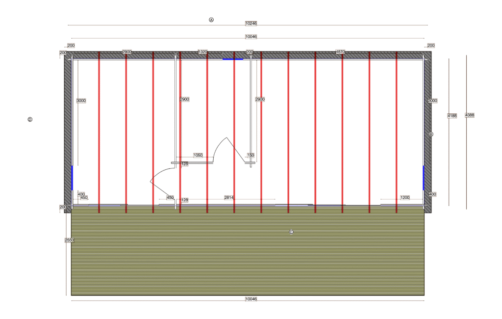 Floor plan of Pent Holiday Cabin 4.4x10.2, dimensioned drawing