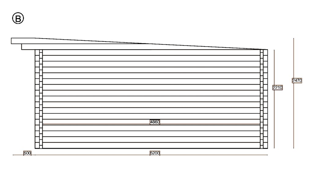 Elevation B of Pent Holiday Cabin 5.2x8.2, dimensioned drawing