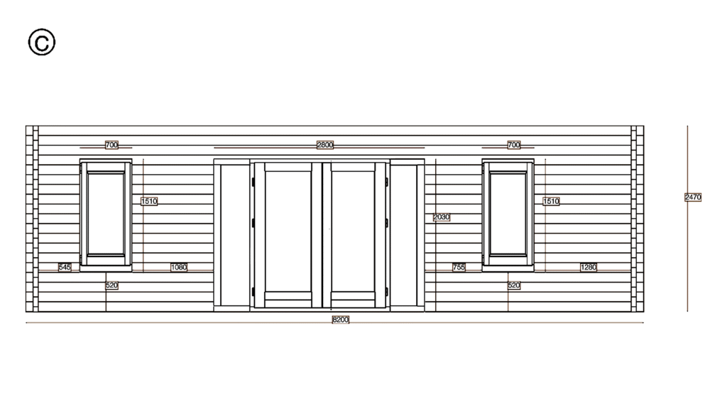 Elevation C of Pent Holiday Cabin 5.2x8.2, dimensioned drawing