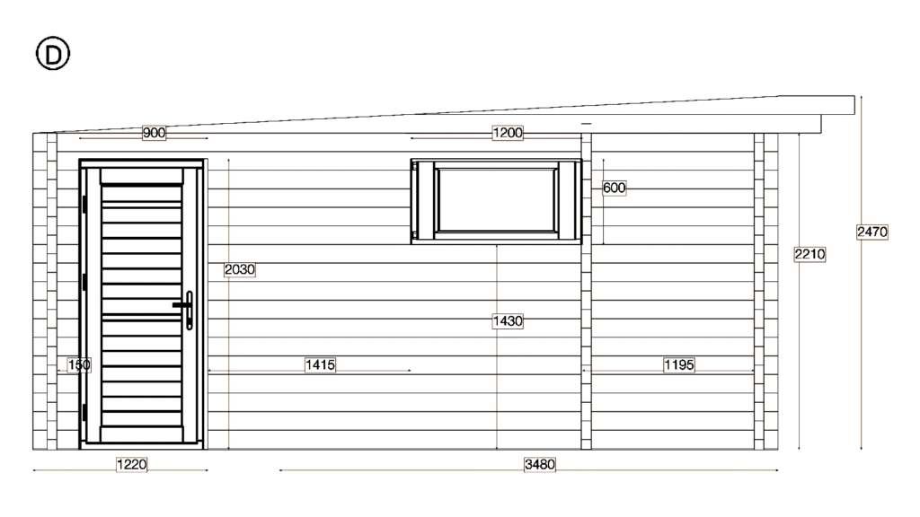 Elevation D of Pent Holiday Cabin 5.2x8.2, dimensioned drawing