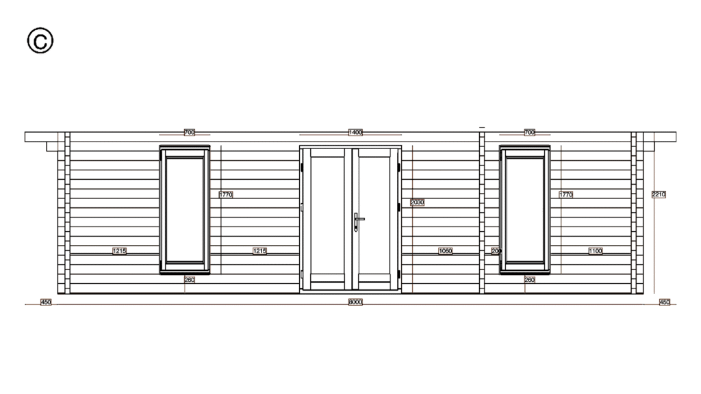 Elevation C of Apex Holiday Cabin 4.0x8.0, dimensioned drawing