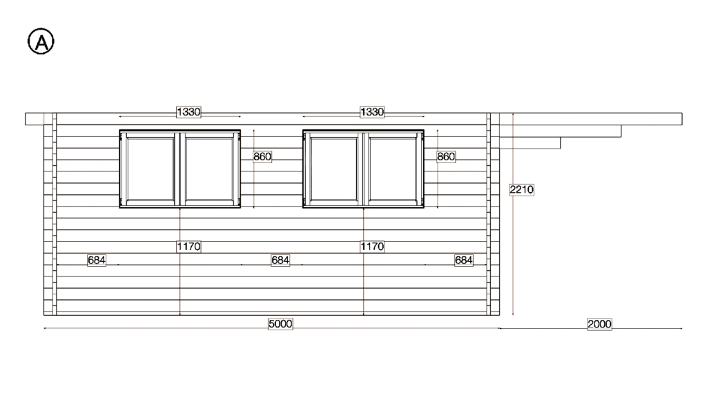 Elevation A of Apex Holiday Cabin 7.0x5.0, dimensioned drawing
