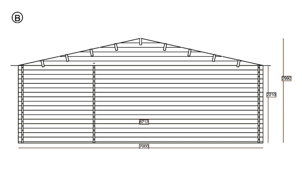 Elevation B of Apex Holiday Cabin 7.0x5.0, dimensioned drawing
