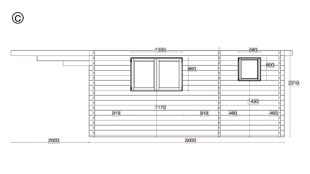 Elevation C of Apex Holiday Cabin 7.0x5.0, dimensioned drawing