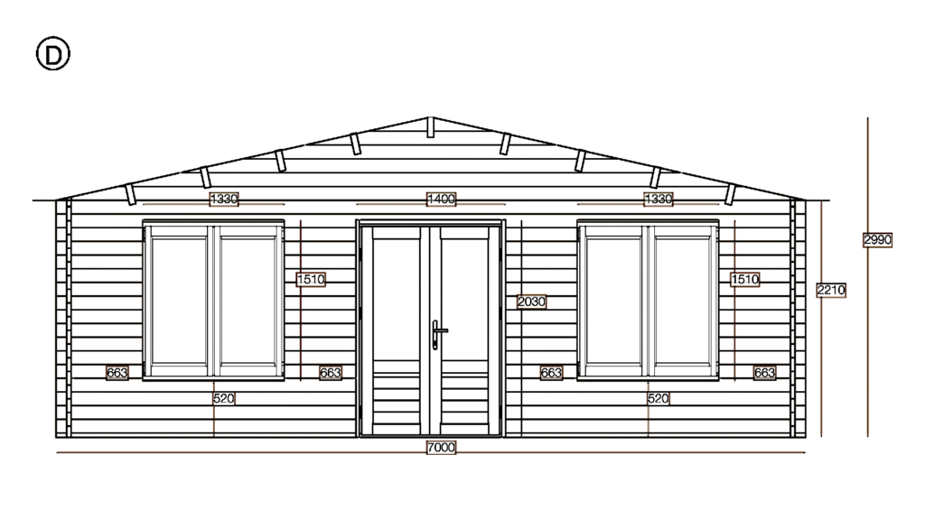 Elevation D of Apex Holiday Cabin 7.0x5.0, dimensioned drawing