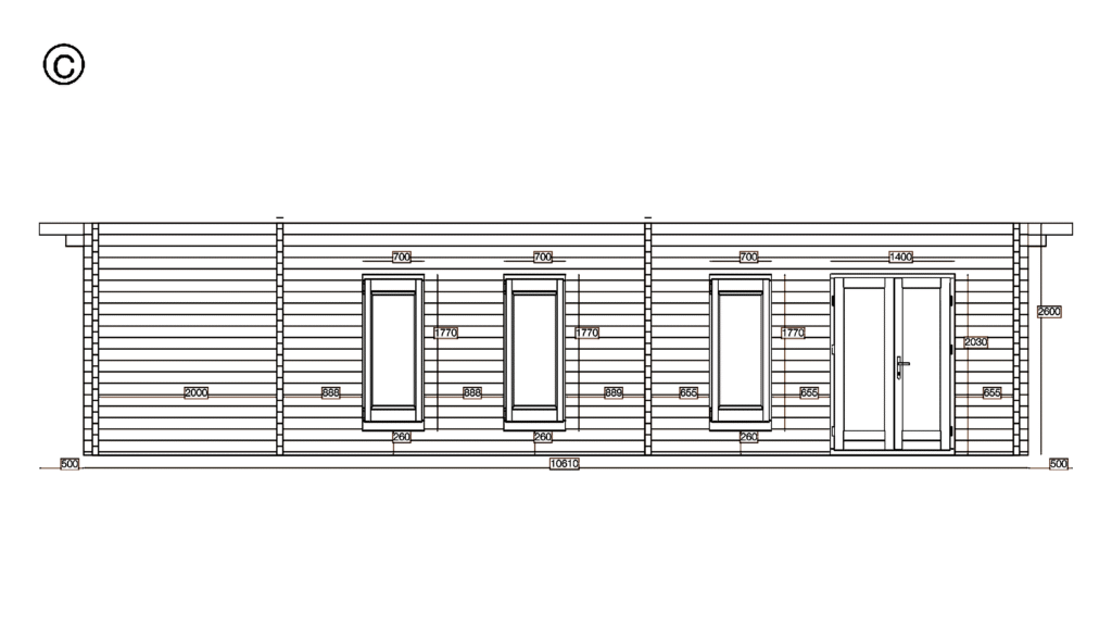 Elevation C of Apex Residential Cabin 5.5x10.6, dimensioned drawing