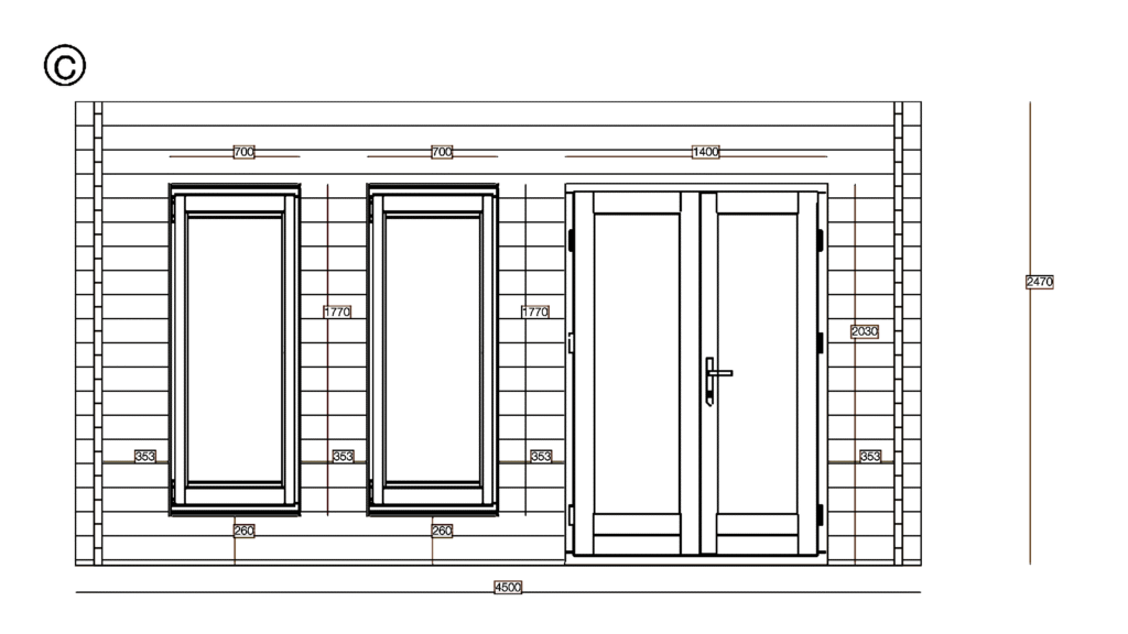Elevation C of Garden Studio 3.0x4.5, dimensioned drawing