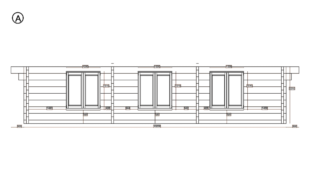 Elevation A of Glulam Apex Residential Cabin 5.7x10.2, dimensioned drawing