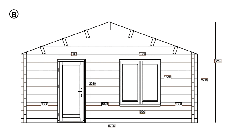 Elevation B of Glulam Apex Residential Cabin 5.7x10.2, dimensioned drawing