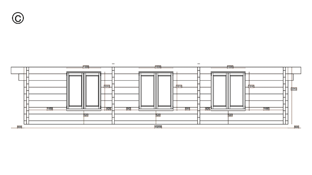 Elevation C of Glulam Apex Residential Cabin 5.7x10.2, dimensioned drawing