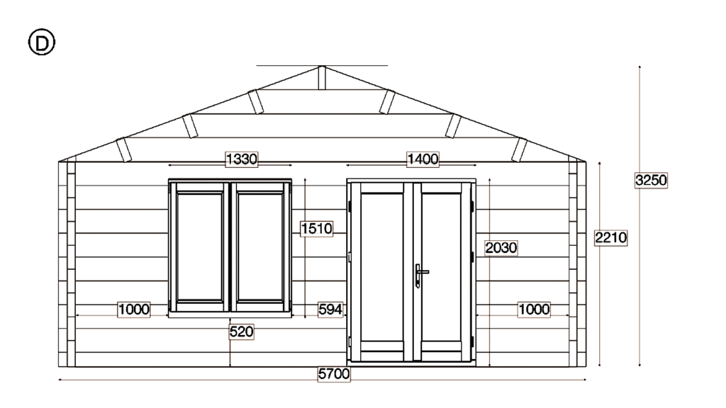 Elevation D of Glulam Apex Residential Cabin 5.7x10.2, dimensioned drawing