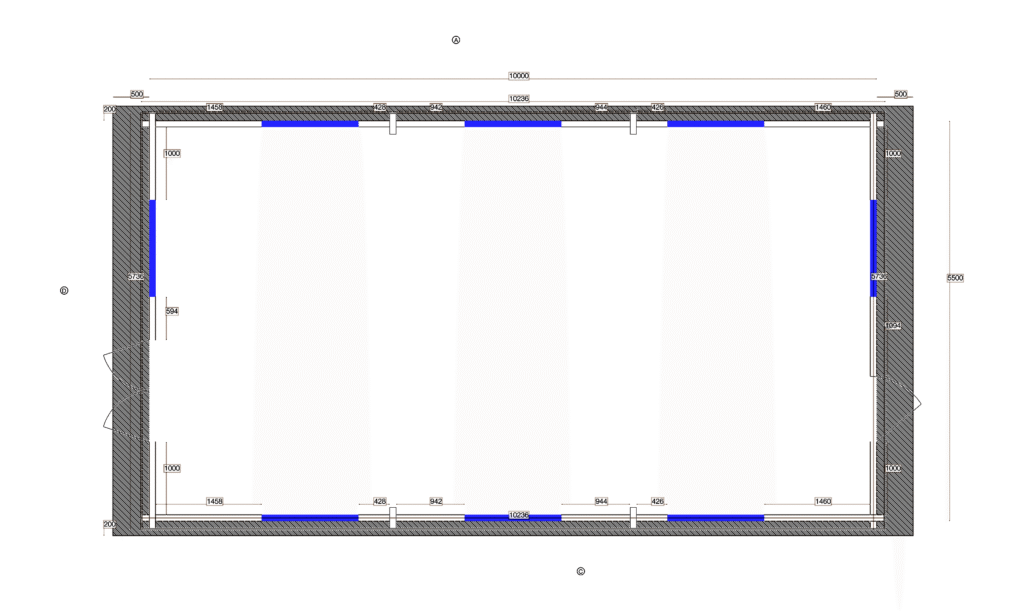Floor plan of Glulam Apex Residential Cabin 5.7x10.2, dimensioned drawing