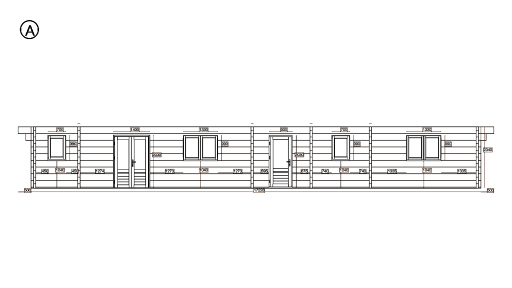 Elevation A of Glulam Apex Timber Residence 6.9x17.2, dimensioned drawing