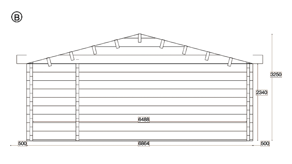 Elevation B of Glulam Apex Timber Residence 6.9x17.2, dimensioned drawing
