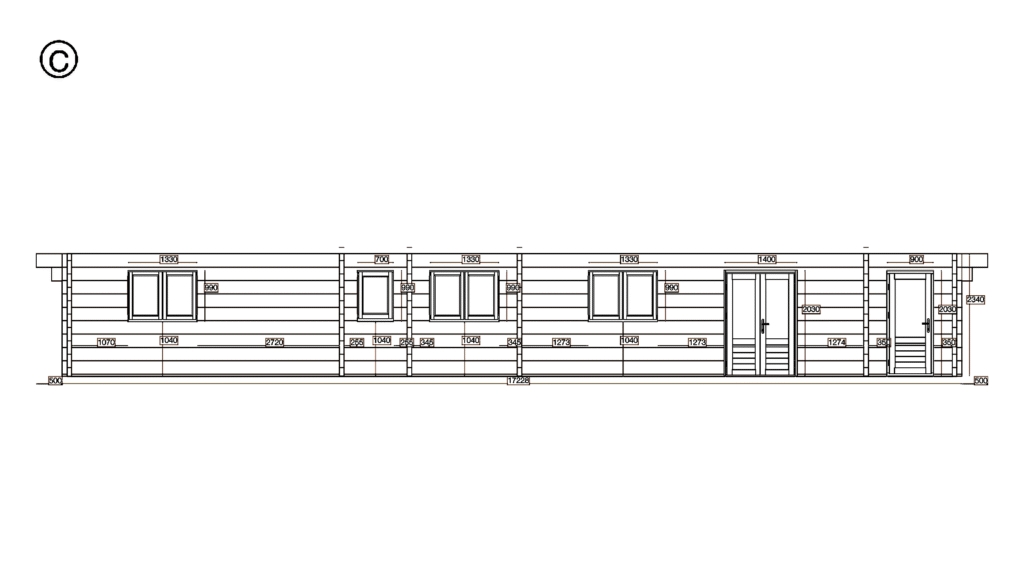 Elevation C of Glulam Apex Timber Residence 6.9x17.2, dimensioned drawing