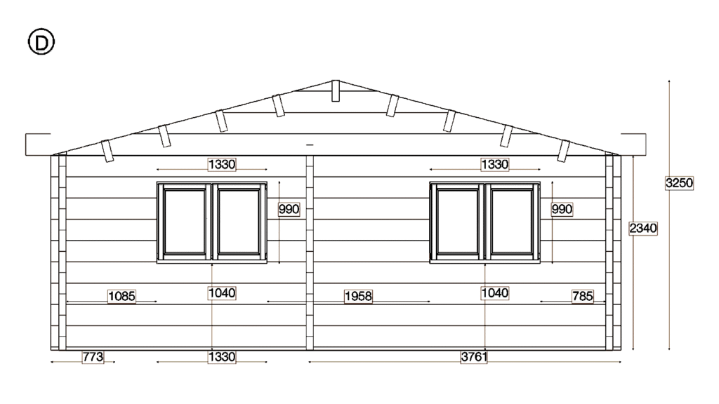 Elevation D of Glulam Apex Timber Residence 6.9x17.2, dimensioned drawing