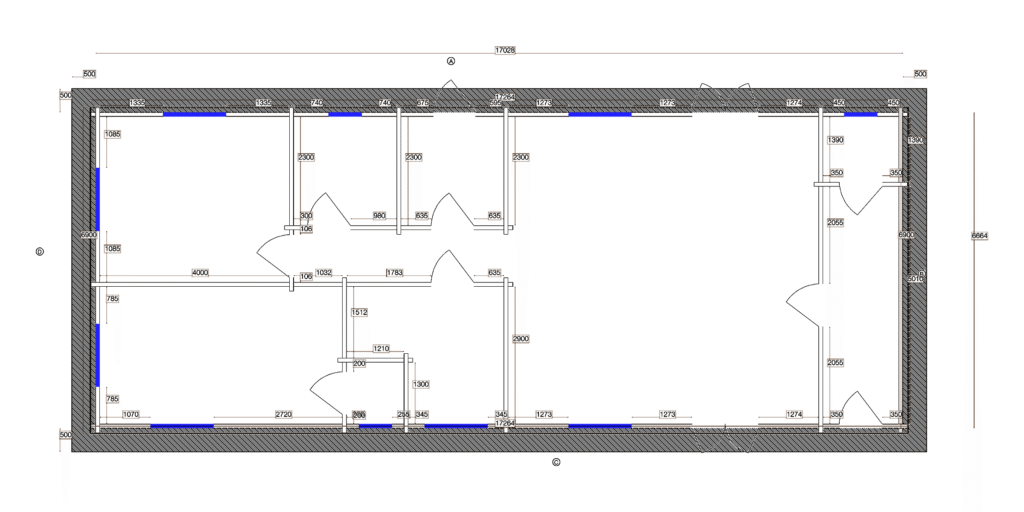 Floor plan of Glulam Apex Timber Residence 6.9x17.2, dimensioned drawing