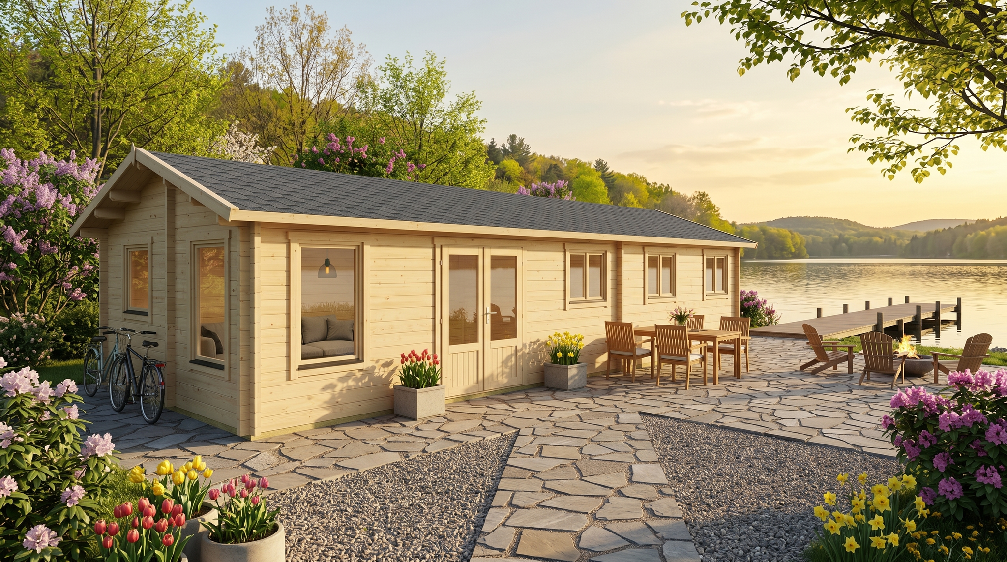 3D render of Glulam Apex Timber Residence 6.9x17.2, a bespoke 109.3m² timber building with 88mm glue-laminated timber walls and apex (gable) roof, manufactured by Eurodita