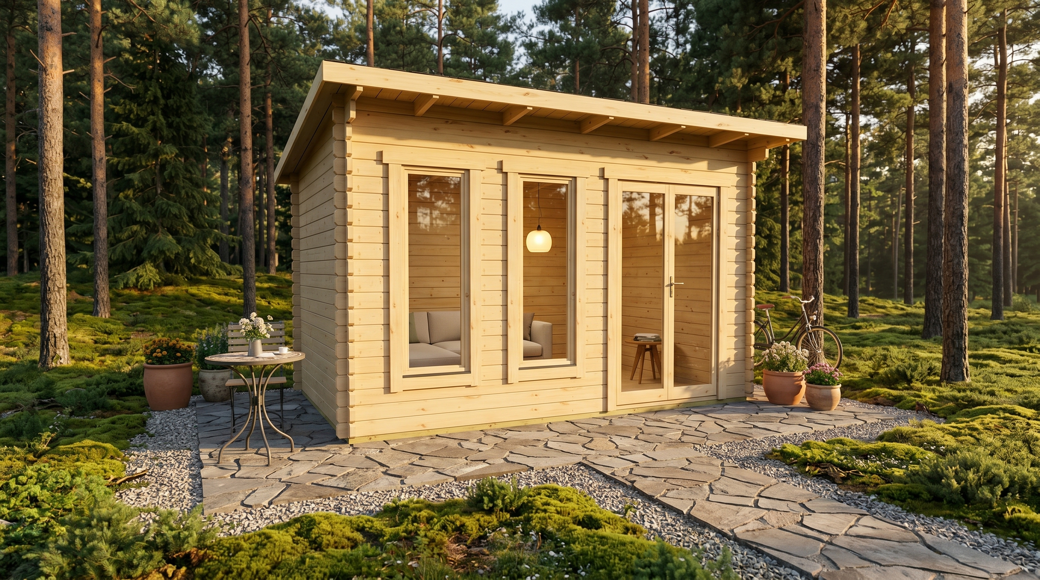 3D render of Garden Studio 3.0x4.5 — a bespoke 11.4m² timber building with 44mm solid log walls and pent (mono-pitch) roof, manufactured by Eurodita