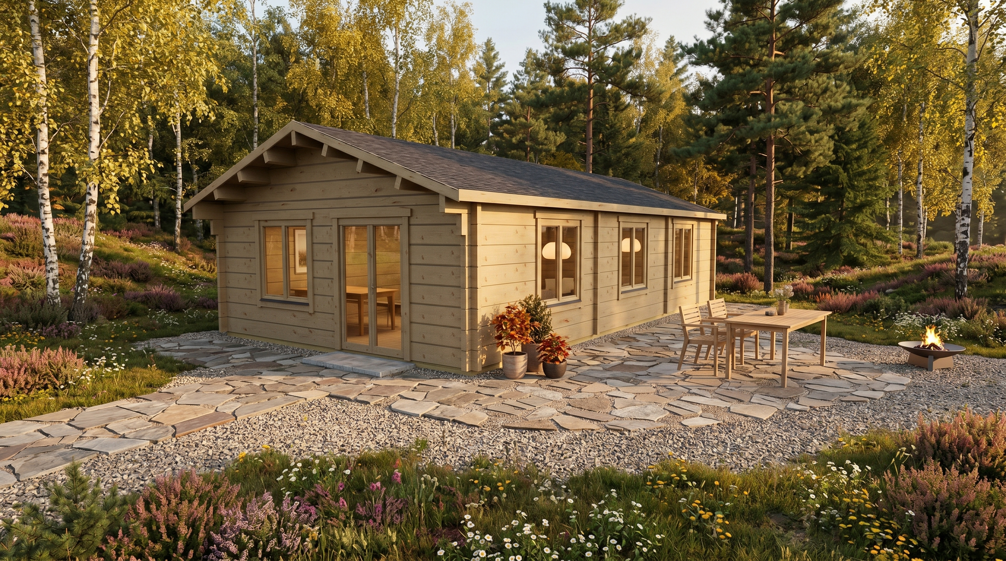 3D render of Glulam Apex Residential Cabin 5.7x10.2 — a bespoke 52.3m² timber building with 88mm glue-laminated timber walls and apex (gable) roof, manufactured by Eurodita
