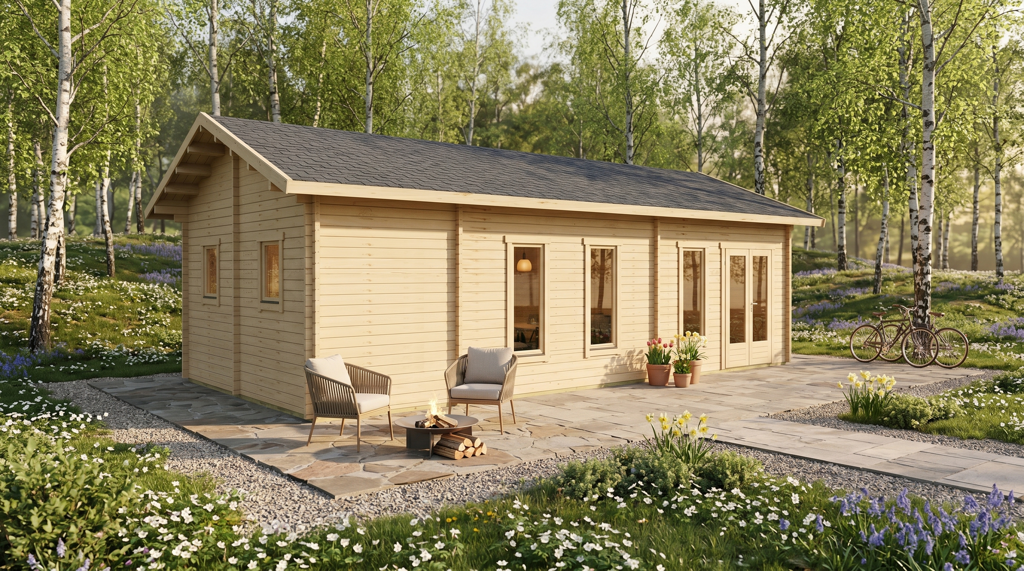 3D Render Of Glulam Apex Residential Cabin 5.5X10.6, A Bespoke 52.6M² Timber Building With 70Mm Glue-Laminated Timber Walls And Apex (Gable) Roof, Manufactured By Eurodita