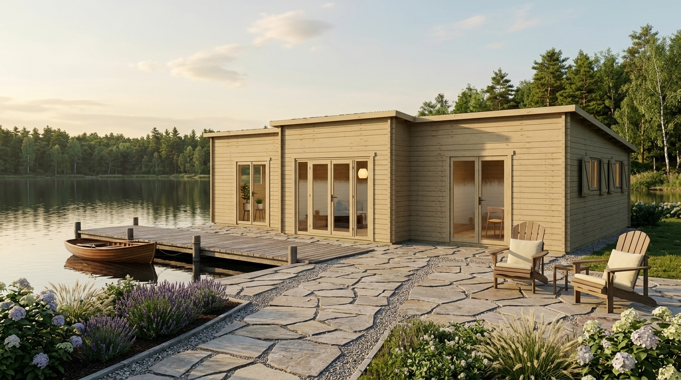 3D Render Of Pent Timber Residence 8.4X12.6, A Bespoke 98.9M² Timber Building With 70Mm Solid Log Walls And Pent (Mono-Pitch) Roof, Manufactured By Eurodita